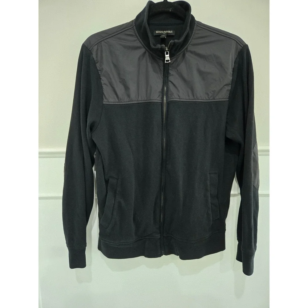 Banana Republic Mens Small Black Mixed Media Full Zip Jacket Cotton‎
